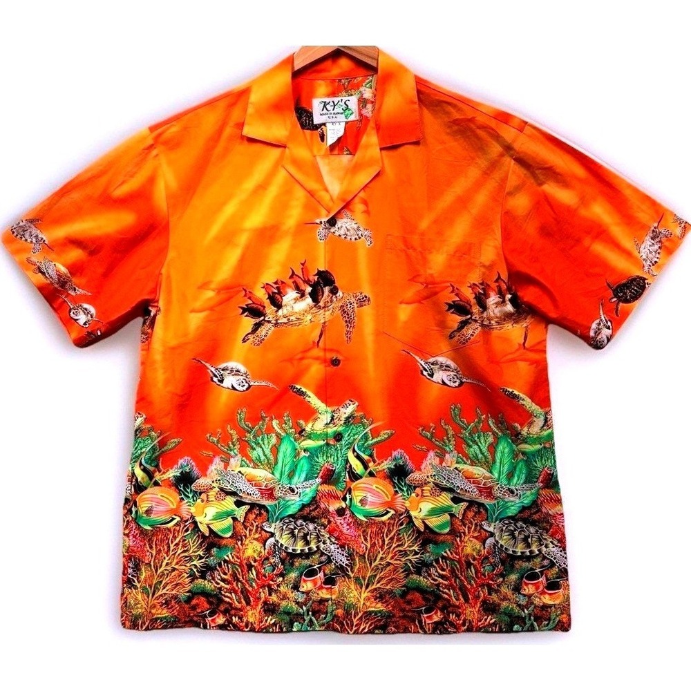 Vintage KY'S Hawaiian Coral Reef Shirt Mens Size L Orange Sea‎ Turtles Button Up